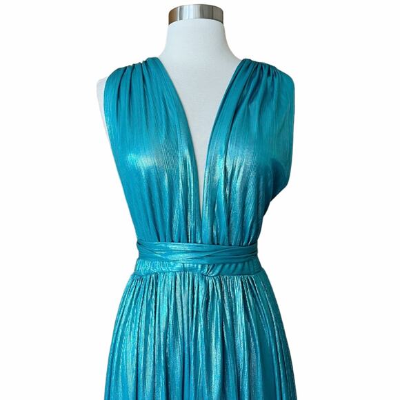 BRONX AND BANCO Romi Metallic Gown Plunge Neckline Dress Teal Turquoise Large 8 - Picture 5 of 13